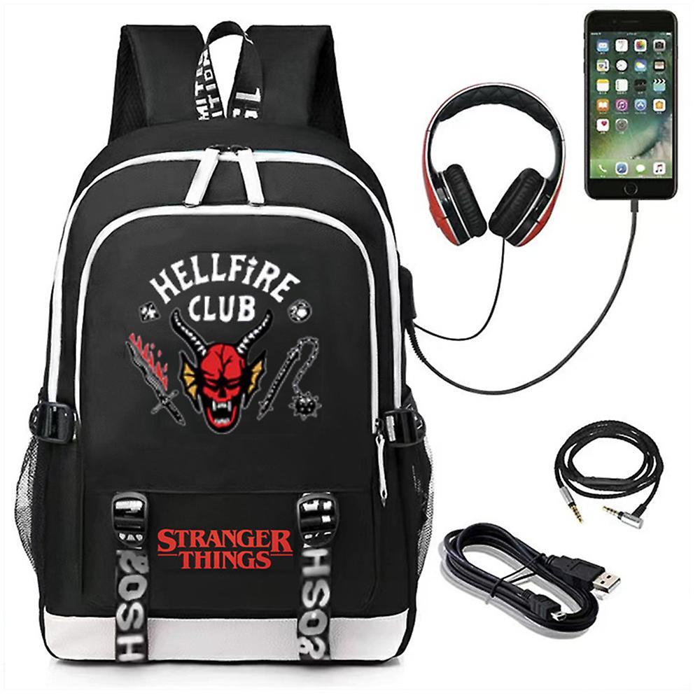 Manchalk Stranger Things Hellfire Club Printed School Backpack Travel Rucksack Bag With Usb Charging Port