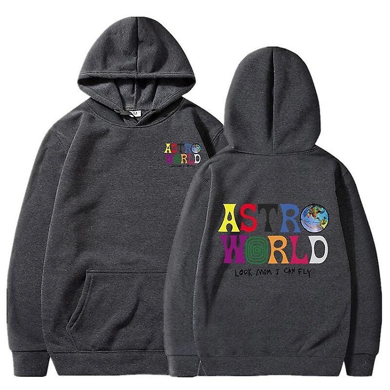 Dlelv Travis Scott Hoodies Men Look Mom I Can Fly Letter Printed Sweatshirts Women Fashion Astroworld Hooded Pullover Casual Sportwear Dark Grey S