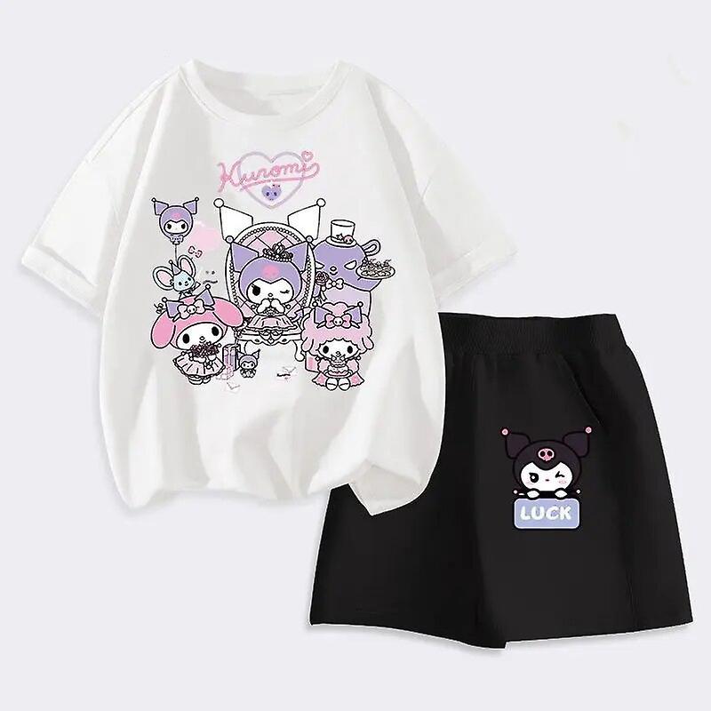 Aionyaaa Sanrio Kawaii Anime Kuromi Girls Summer Suit Cartoon Children's Short Sleeve T-shirts Shorts Black Casual Loose Two-piece Suit 130CM 12