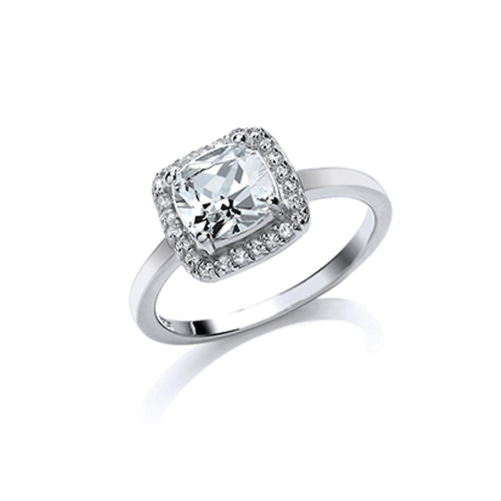 Silver  Cushion CZ Halo Cluster Solitaire Engagement Ring - GVR548WHT