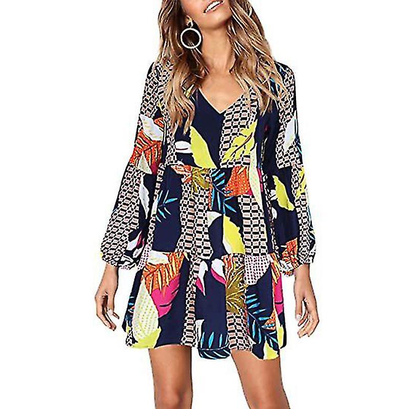 Jielin Women Summer Tunic Dress V Neck Leaf S