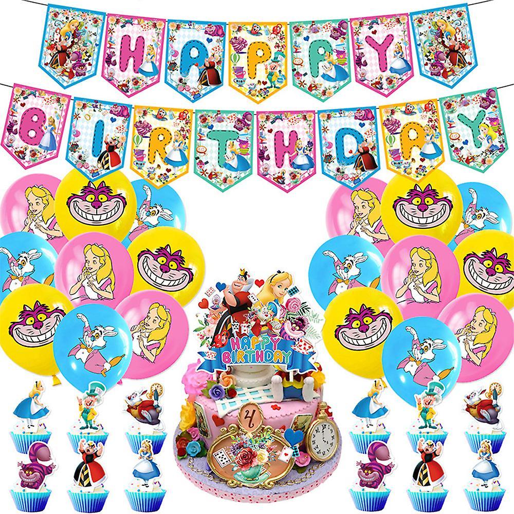 Vicbuy Alices Adventure In Wonderland Theme Kids Girls Birthday Party Supplies Kit Banner Balloons Set Cake Topper Cupcake Toppers Decoration Set