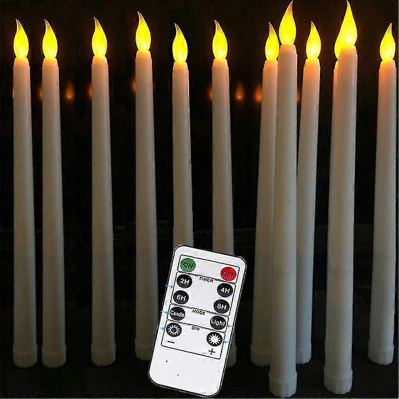 Pbb Set Of 10 Battery Operated Led Taper Candles With Remote, Ivory Dining Candles Smooth Wax Finish, Warm White Led[PB]