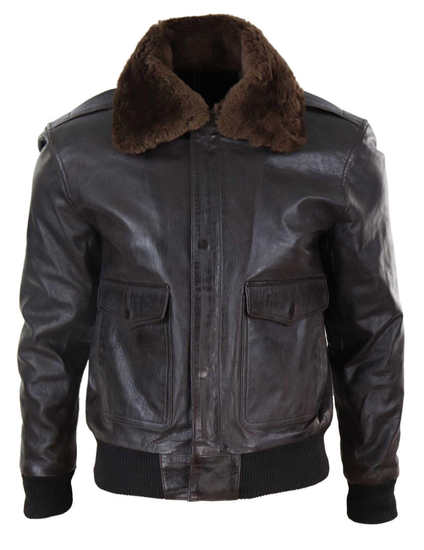 Infinity Leather Men's Real Leather Aviator Bomber Jacket Removable Fur Collar Pilot Flying Jacket brown XS