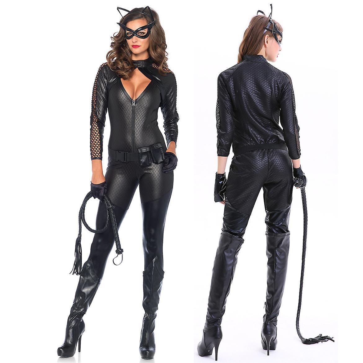 Yesfit Black Catsuit For Women Leather Jumpsuit Adult Black Cat Costume B M