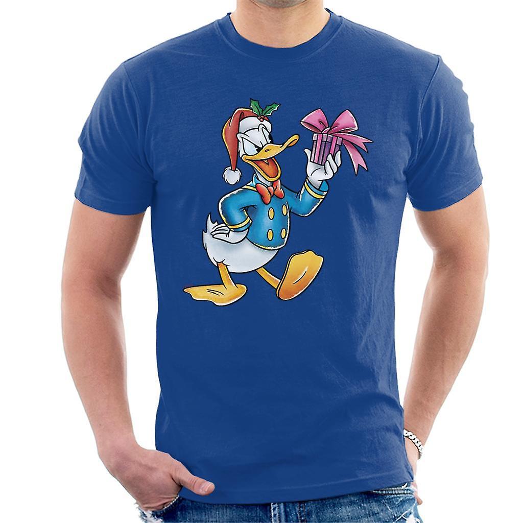 Disney Christmas Donald Duck Holding Present Men's T-Shirt Royal Blue Medium