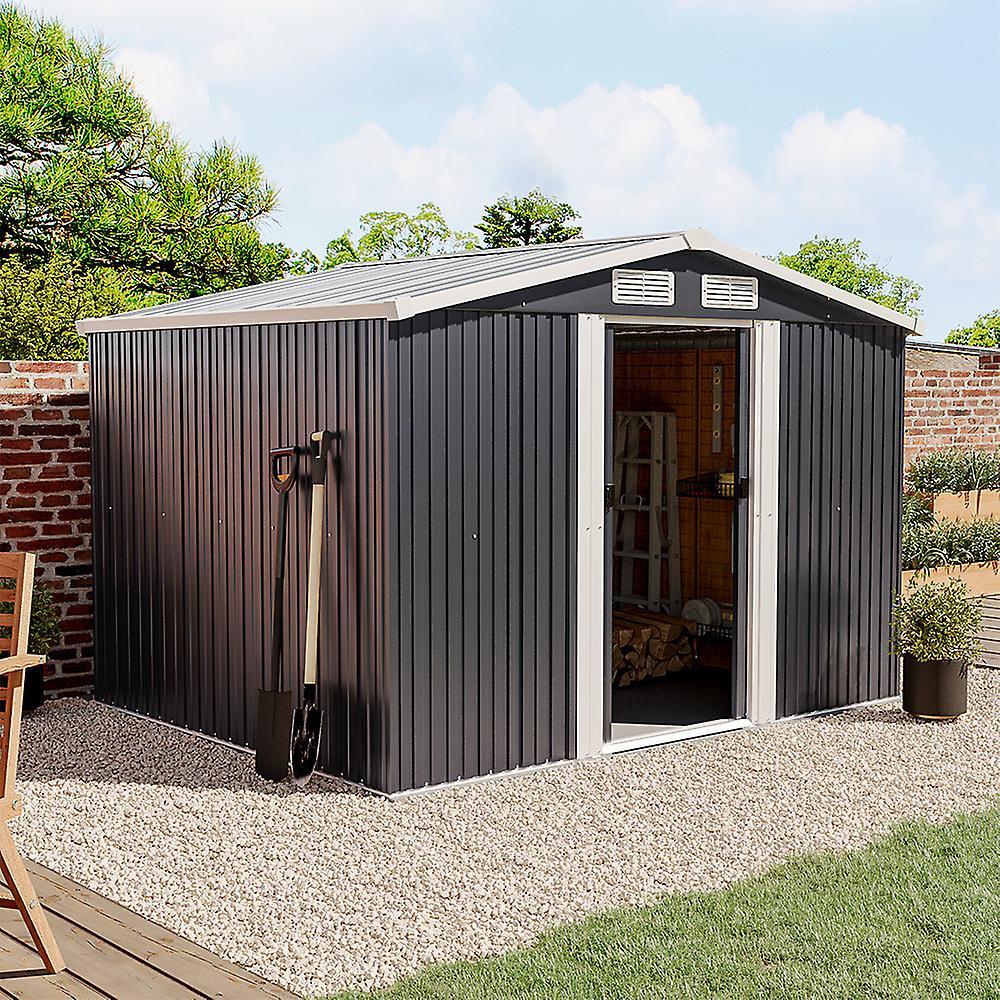 Living And Home 8ft x 6ft Dark Grey Metal Garden Storage Shed with Base