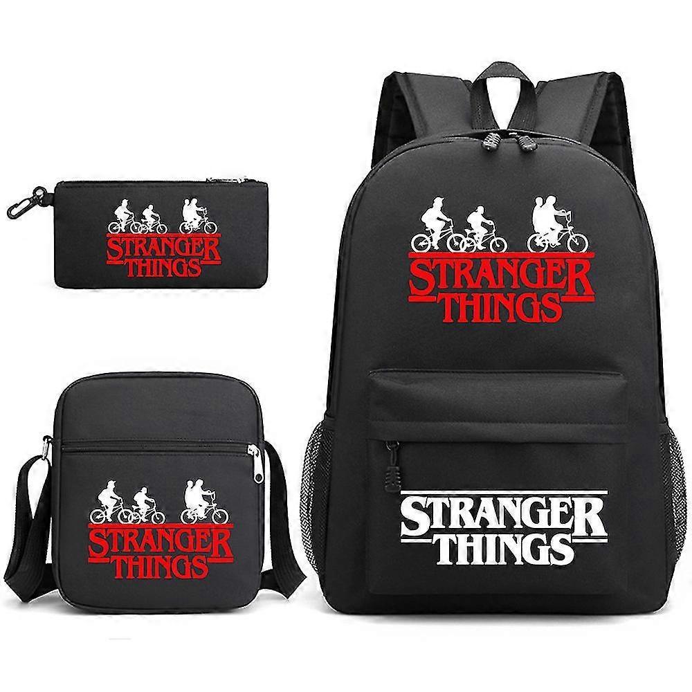 Bagadawang Stranger Things Backpack 3 Piece Set Student School Bag Canvas Bag Black