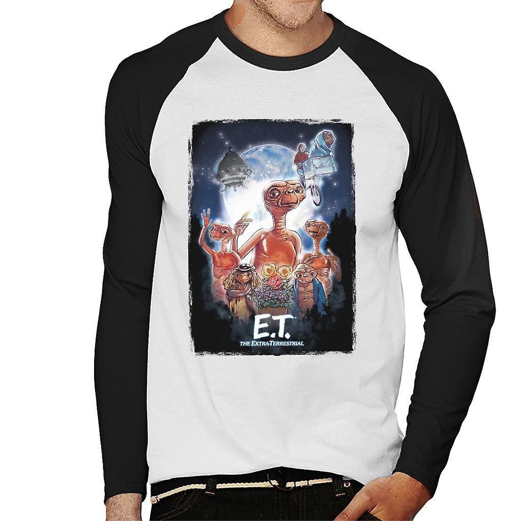 E.T. E.T. The Extra Terrestrial Cinematic Poster Montage Men's Baseball Long Sleeved T-Shirt White/Black X-Large