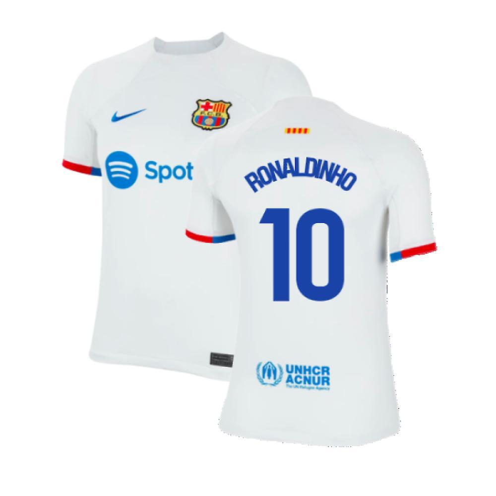 Nike 2023-2024 Barcelona Away Shirt (Kids) (Ronaldinho 10) White SB 25-27 inch Chest (66/69cm)