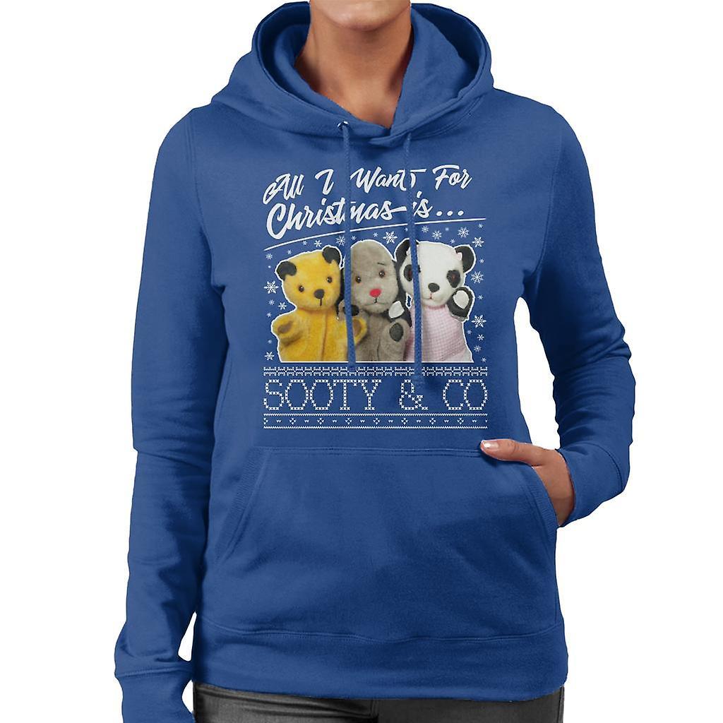 Sooty Christmas All I Want For Christmas Is Sooty And Co Women's Hooded Sweatshirt Royal Blue XX-Large