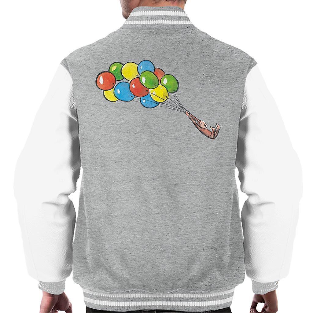 Curious George Balloon Flying Backwards Men's Varsity Jacket Heather Grey/White XX-Large