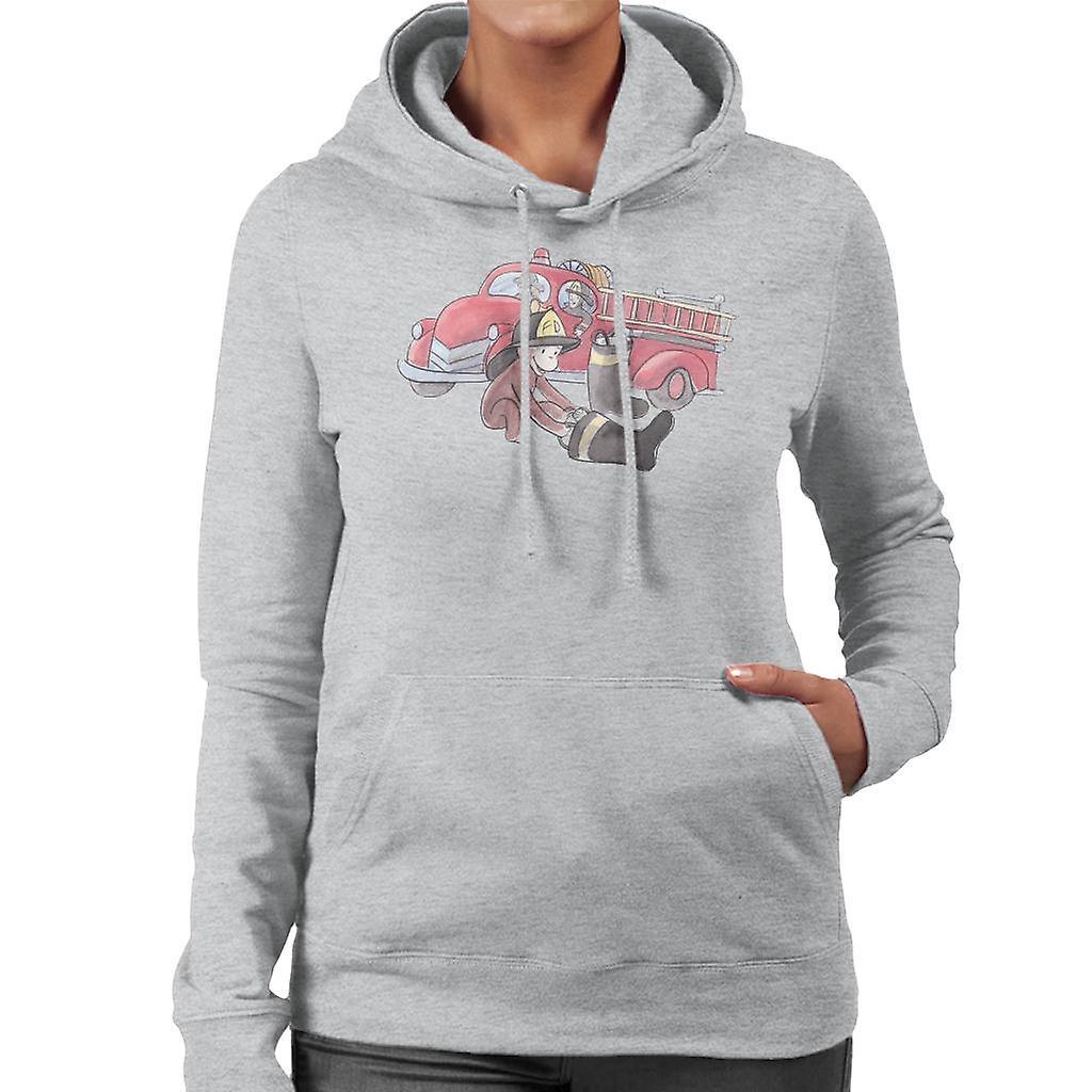 Curious George Balloon Fire Department Truck Women's Hooded Sweatshirt Heather Grey Small