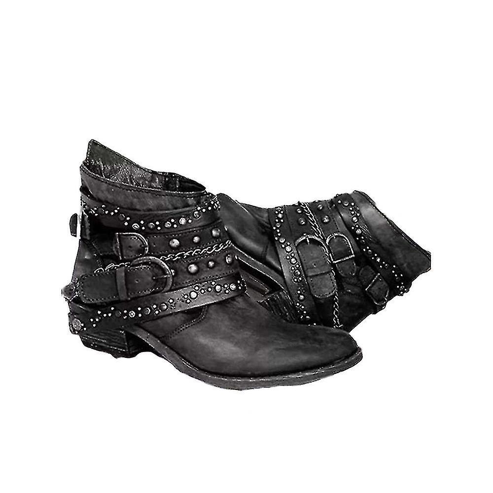 Women Vinta Punk Low Heel Ankle Retro Studded Le Biker Booties Shoes *chyi Black 43