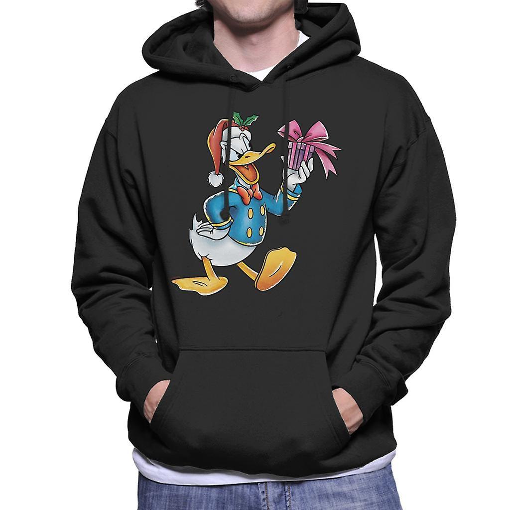 Disney Christmas Donald Duck Holding Present Men's Hooded Sweatshirt Black X-Large