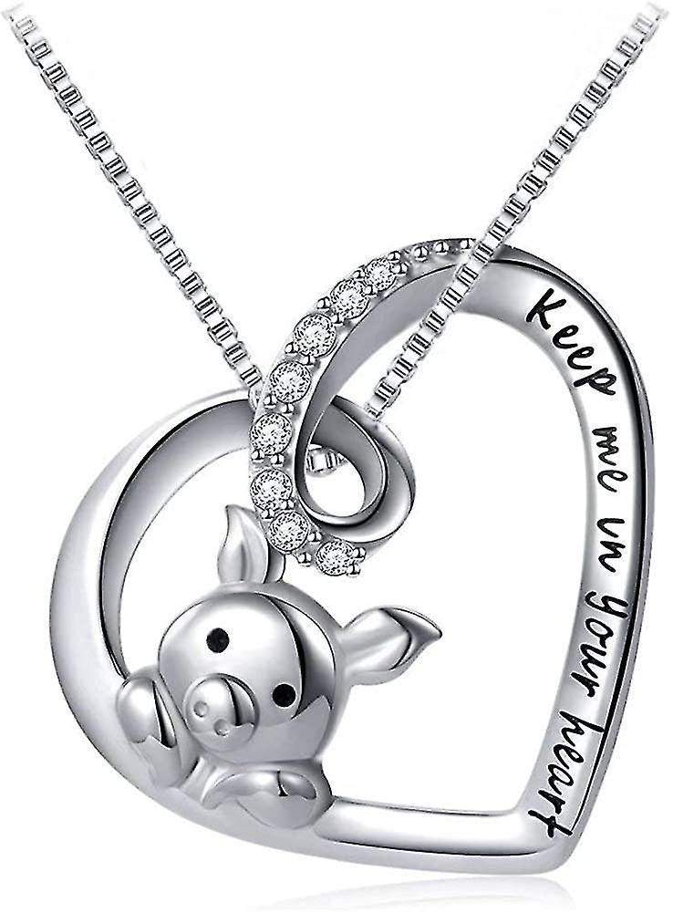 Treingi Cute Little Pig Sterling Silver Crystal Pendant Necklaces For Women Girl Keep Me In Your Heart Promise Love Engagement Statement Fashion Je...