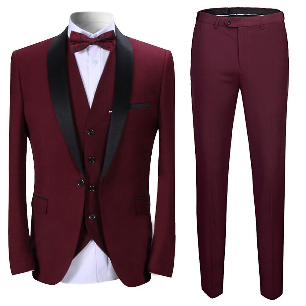 Allthemen Men's 3-Piece Wedding Banquet Slim-fit Solid Color Suits Wine Red XS