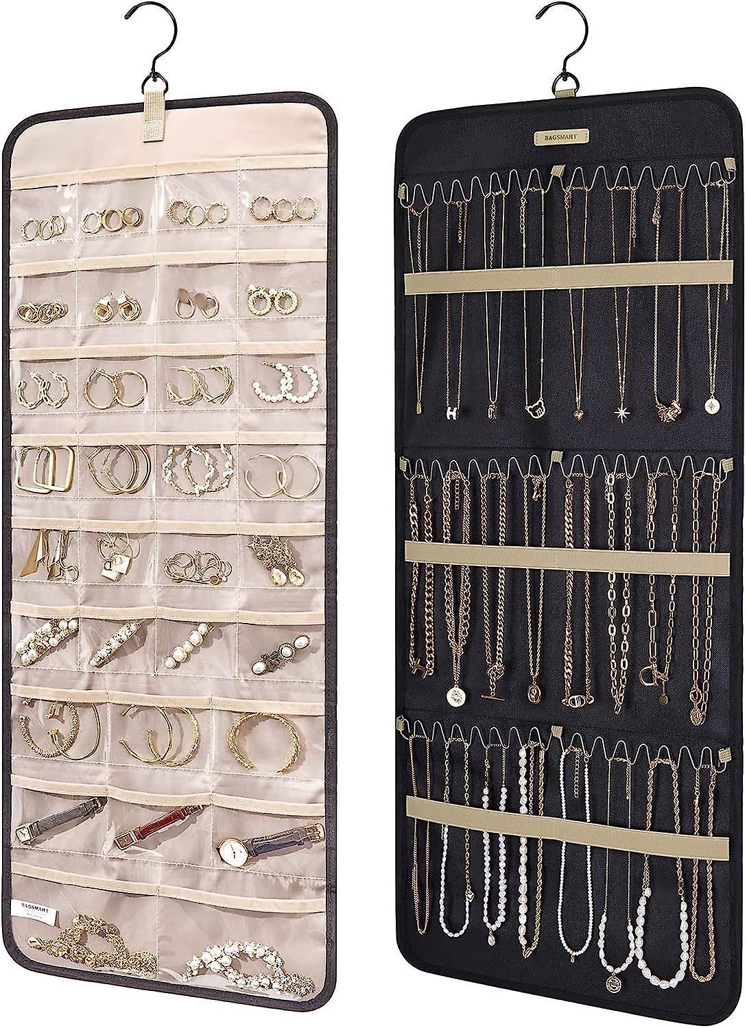 Lertenys Hanging Jewelry Organizer Roll With Hook Metal Hook Double Sided Jewelry Rack For Hanging Closet 1pc, Large, Black