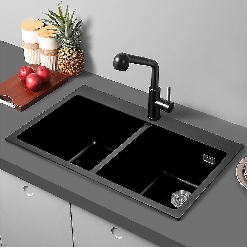 Living And Home Kitchen Sink Black Quartz Undermount Kitchen Sink Double Bowl