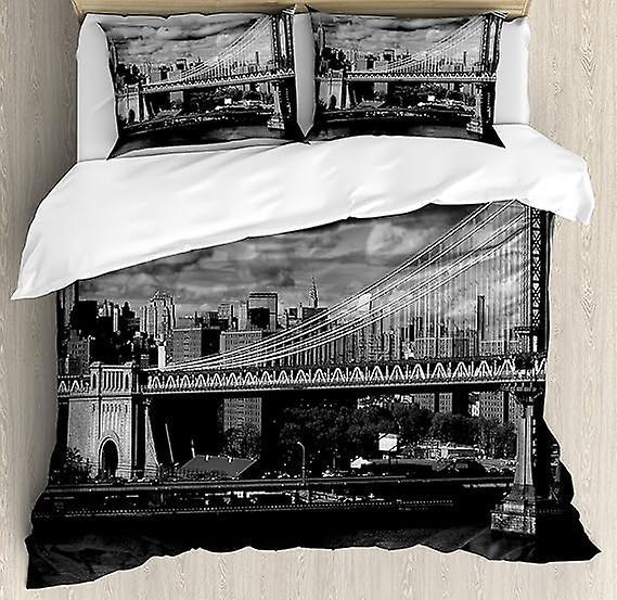 Duvet Cover Set New York Black And White Panorama Of Nyc Skyline Manhattan Bridge Microfiber Bedding Duvet Cover Sets 1 Duvet Cover And 1/2 Pillows...