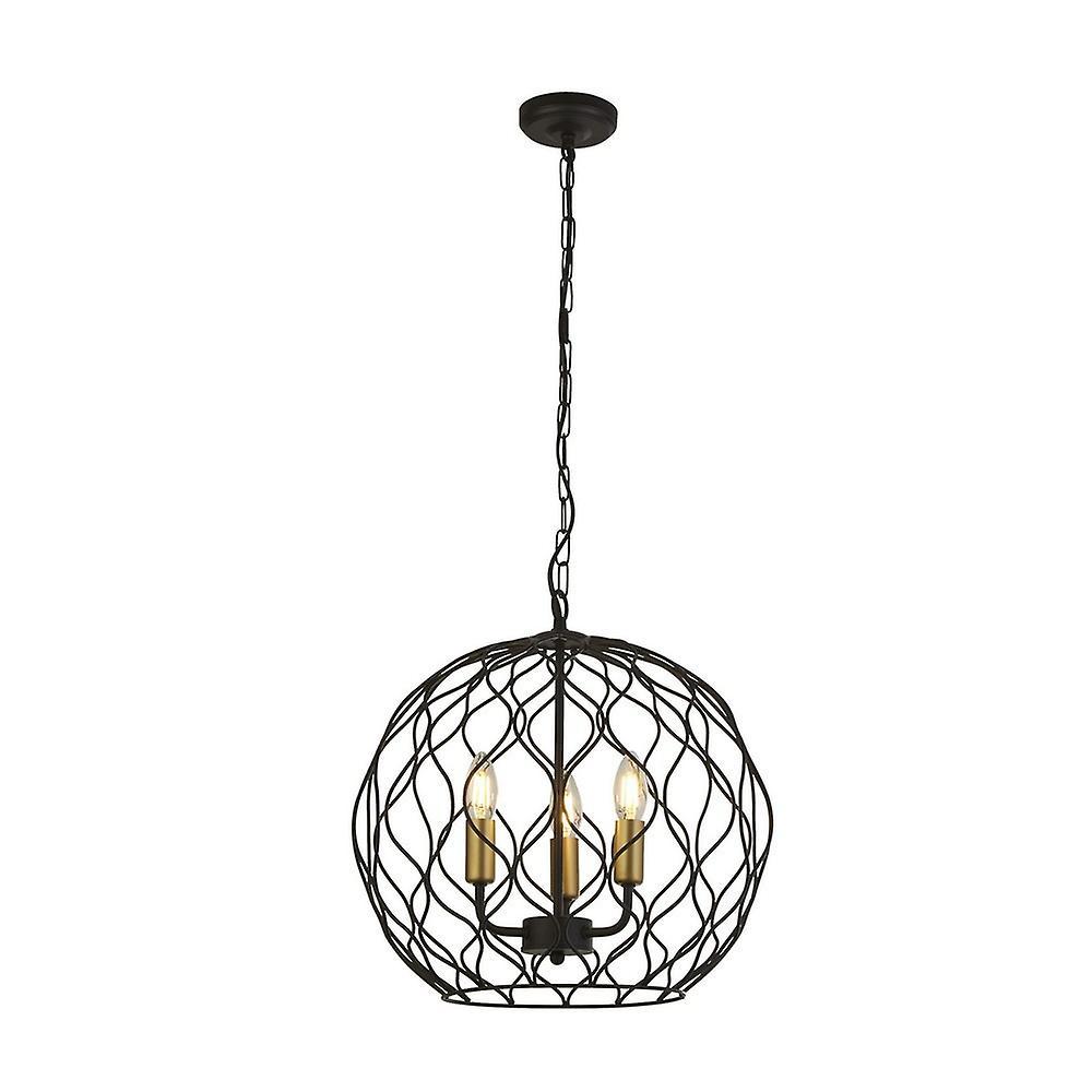 Searchlight Lighting Finesse 3 Light Round Cage Ceiling Pendant - Black with Gold Lampholders