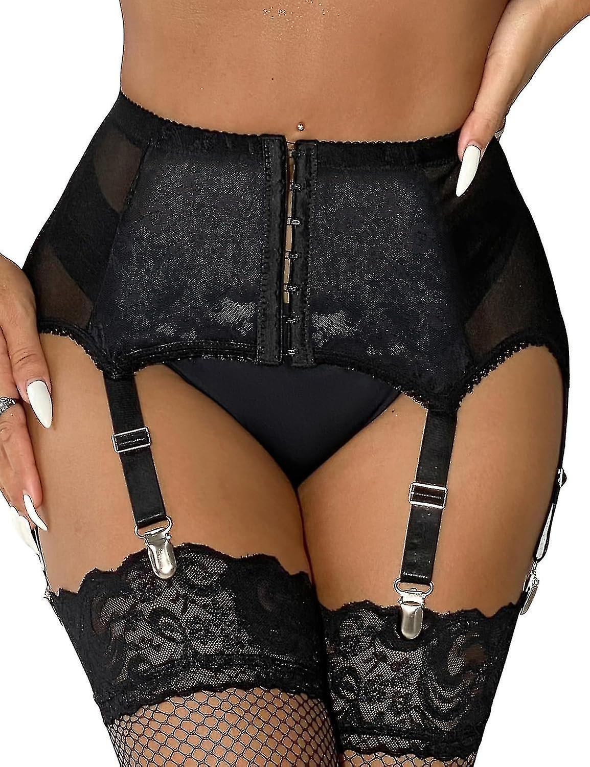 Joyy Women's Garter Belt Plus Size Lace Garter And 6 Metal Clips Adjustable Underwear Garter Suspenders Underwear Waist Garter Garter Set 3XL Black