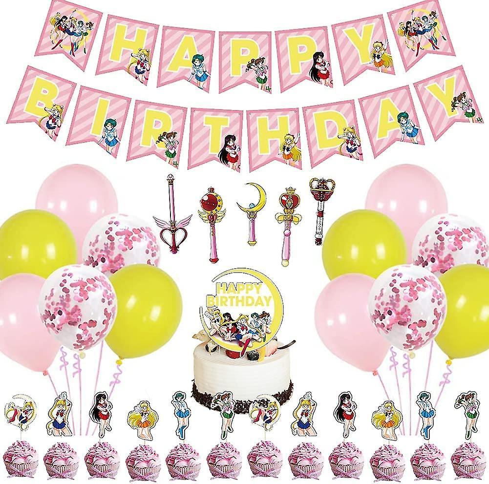 Ubiuo Sailor Moon Birthday Party Supplies, 31 Pcs Moon Theme Party Decorations, Include Happy Birthday Banner, Cupcake Toppers, Balloons, Kids Part...