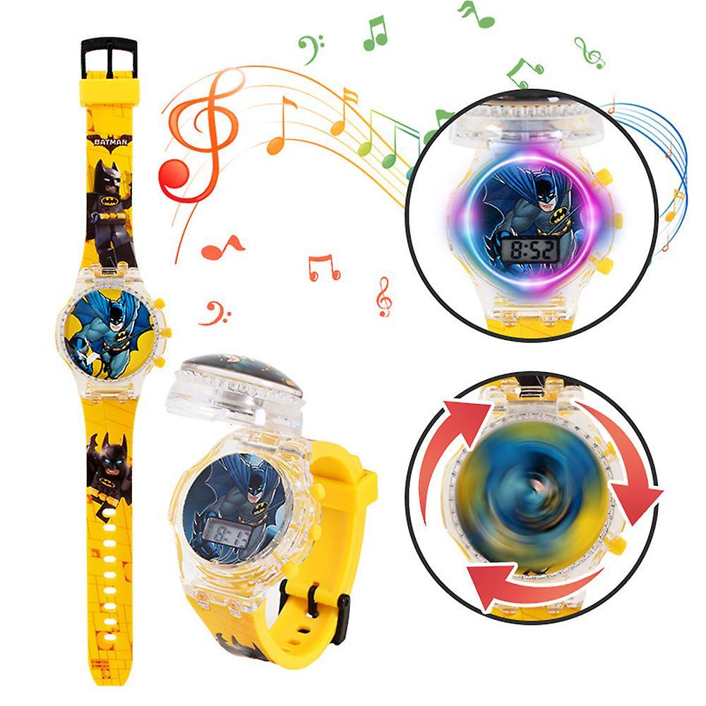 Sevenday Kids Children Cartoon Watch Flashing Light Up Glow Digital Musical Watches Spinning Top Flip Cover Wristwatch Toy Batman