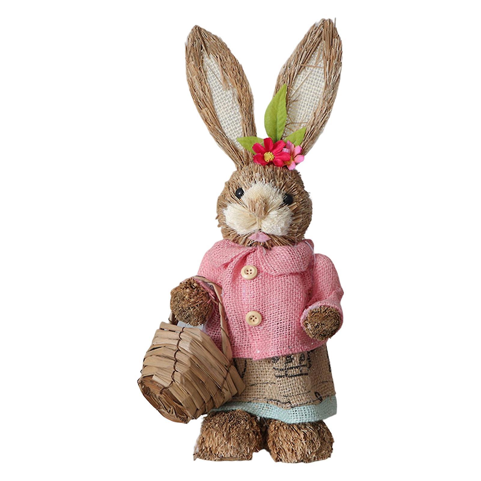 Wilitto Hand Woven Artificial Straw Bunny Rustic Realistic Photography Prop Multiple Styles Desktop Ornament Standing Rabbit Figure J