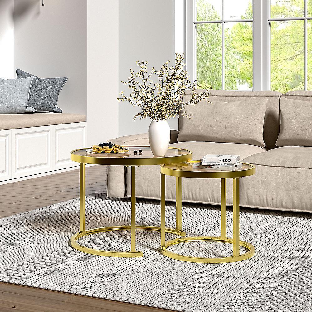 Living And Home Livingandhome Set of 2 Tea Glass Round Nesting Coffee Table - Gold