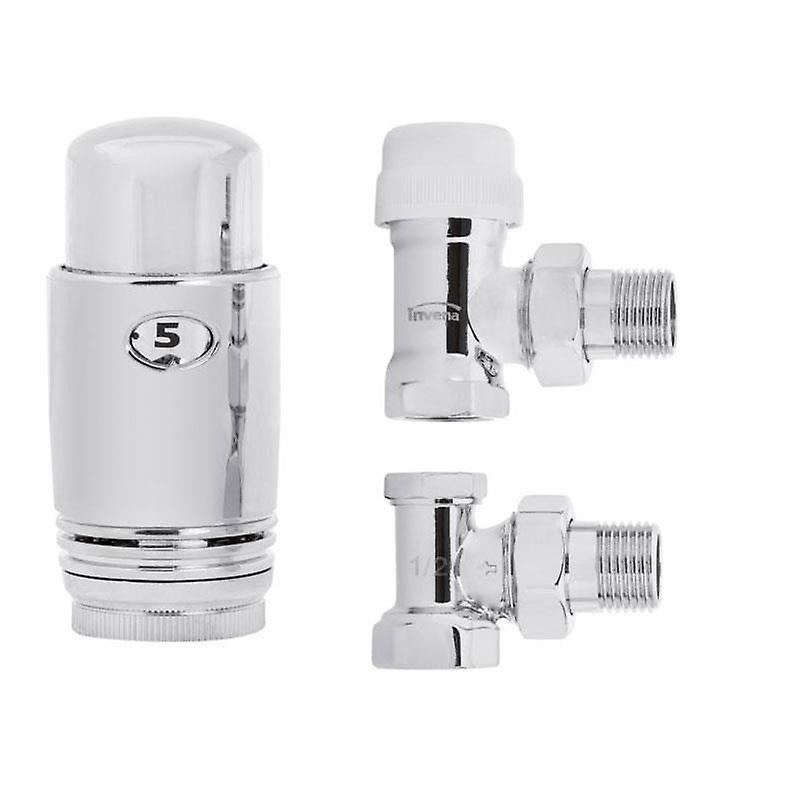 Invena Chrome Adjustable Thermostatic Radiator Valves Pack 1/2" BSP 15mm Lockshield Angled