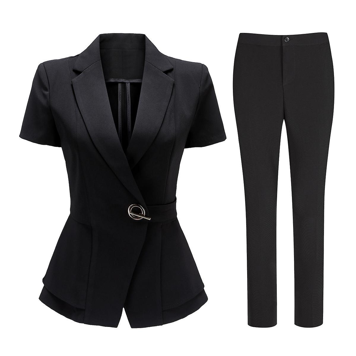 Yynuda Womens 2-piece Slim Fit Business Short-sleeved Blazer Suit Black M