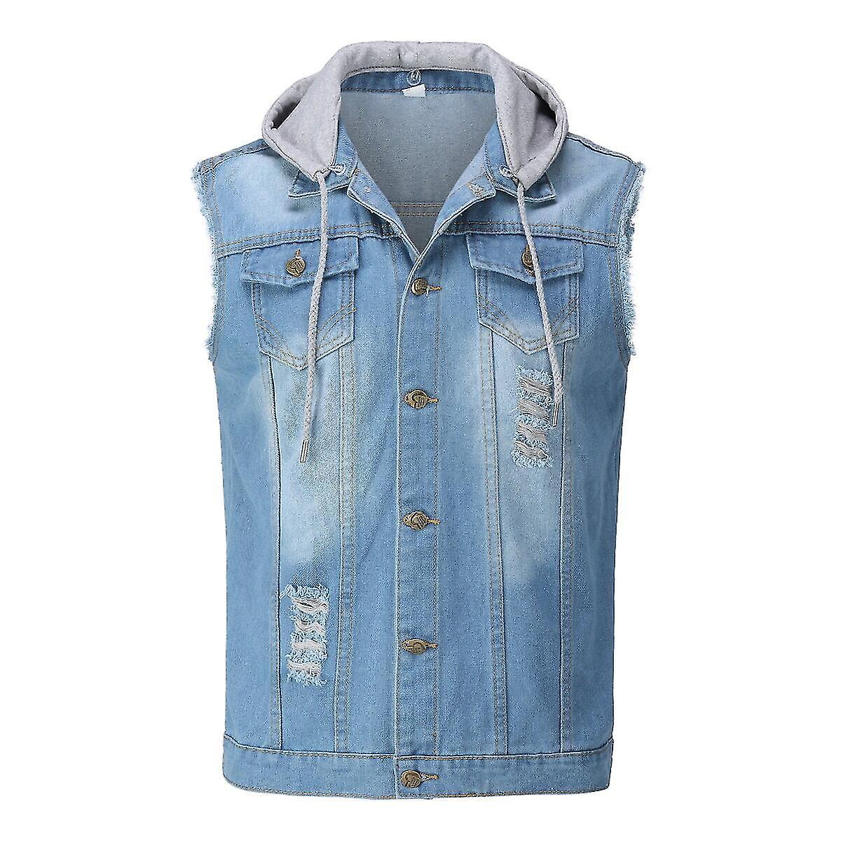 YOUTHUP Mens Hooded Denim Vest Casual Vintage Ripped Outerwear Cowboy Gilet Blue L