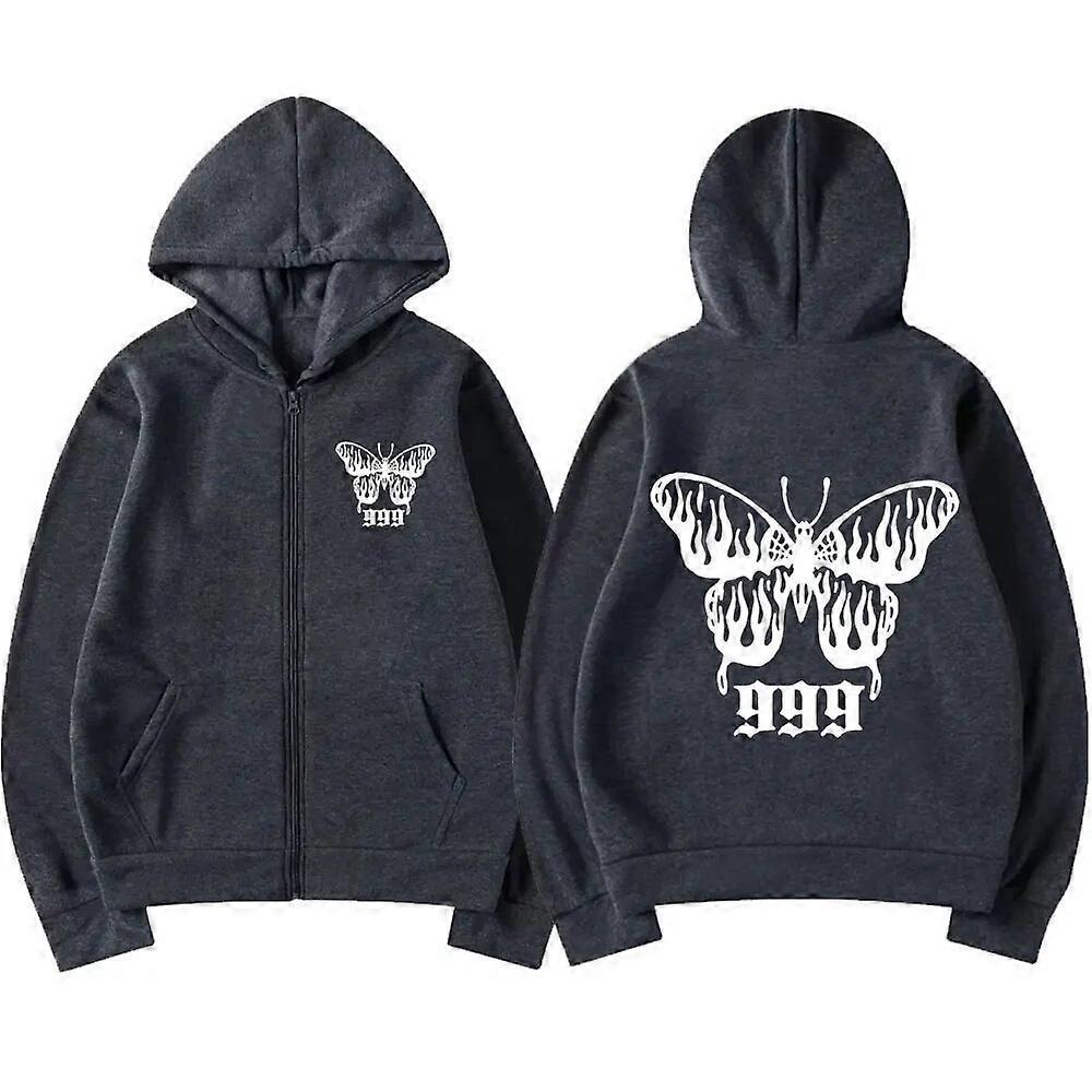 Redkid Juice Wrld Butterfly 999 Graphic Zip Up Hooded Men Women Fashion Aesthetic Zipper Sweatshirt Streetwear Casual Hoodie Streetwear Dark gray S