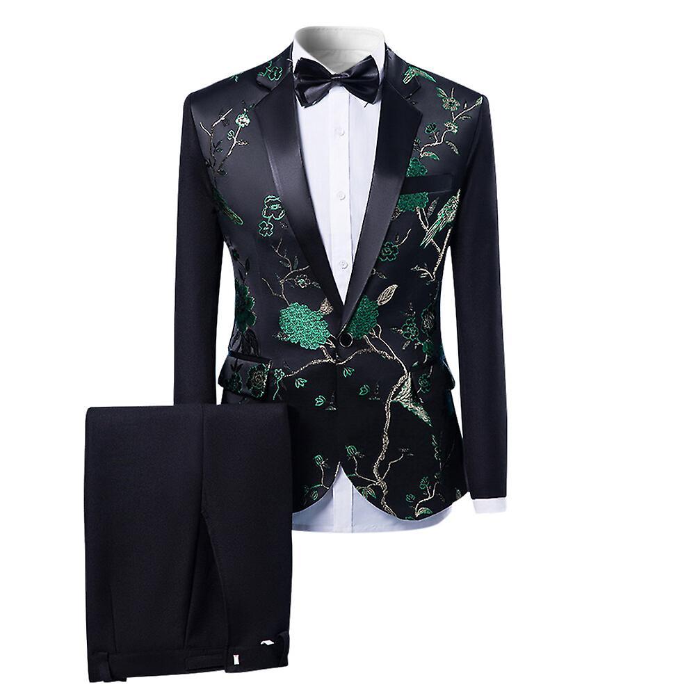 Allthemen Mens 2-Piece Wedding Banquet Jacquard Floral Slim Suits Black/Green M