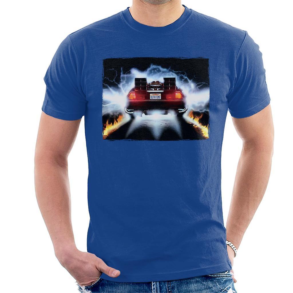 Back to the Future Delorean Taking Off For Time Travel Men's T-Shirt Royal Blue Medium