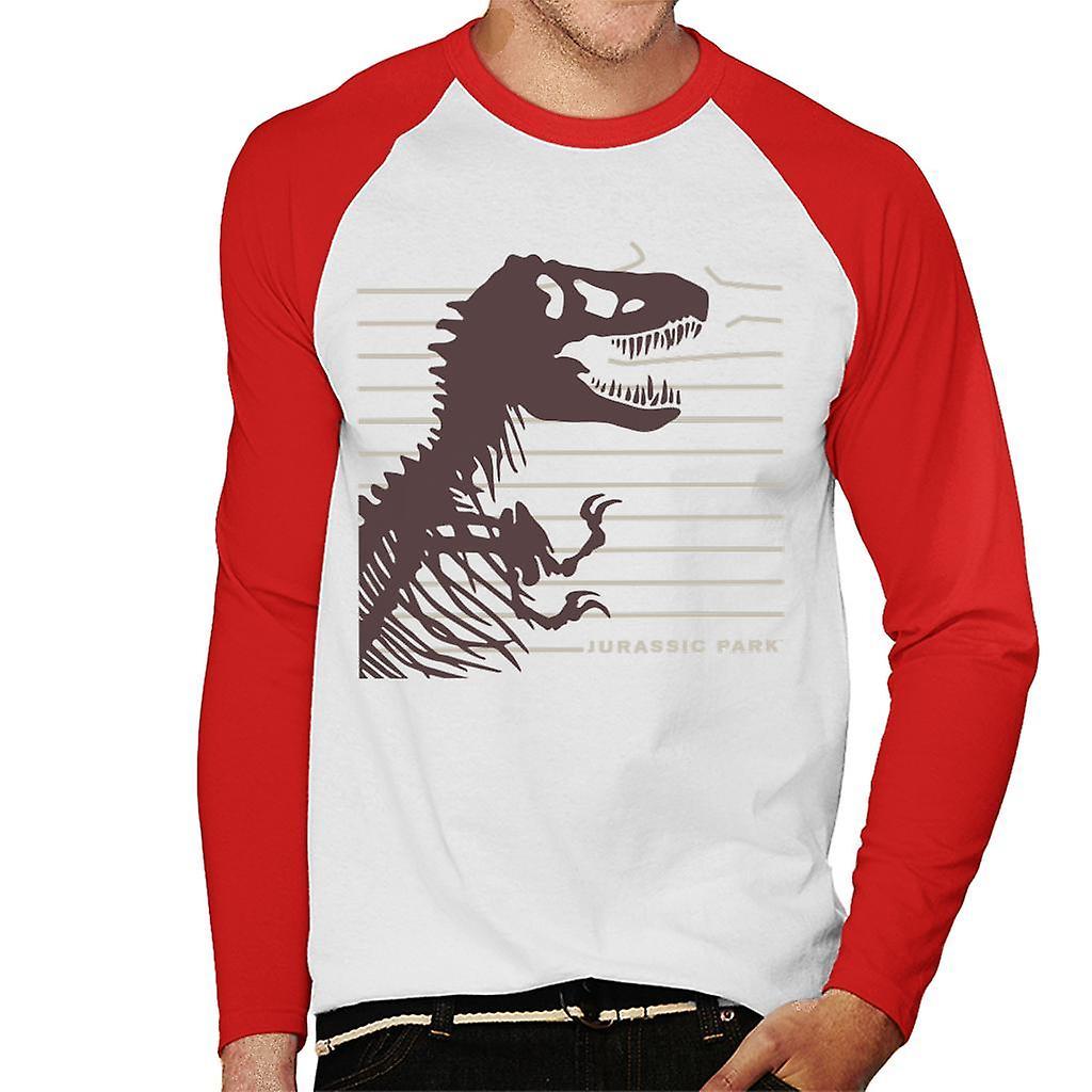 Jurassic Park T Rex Skeleton Destroying Wire Men's Baseball Long Sleeved T-Shirt White/Red Medium