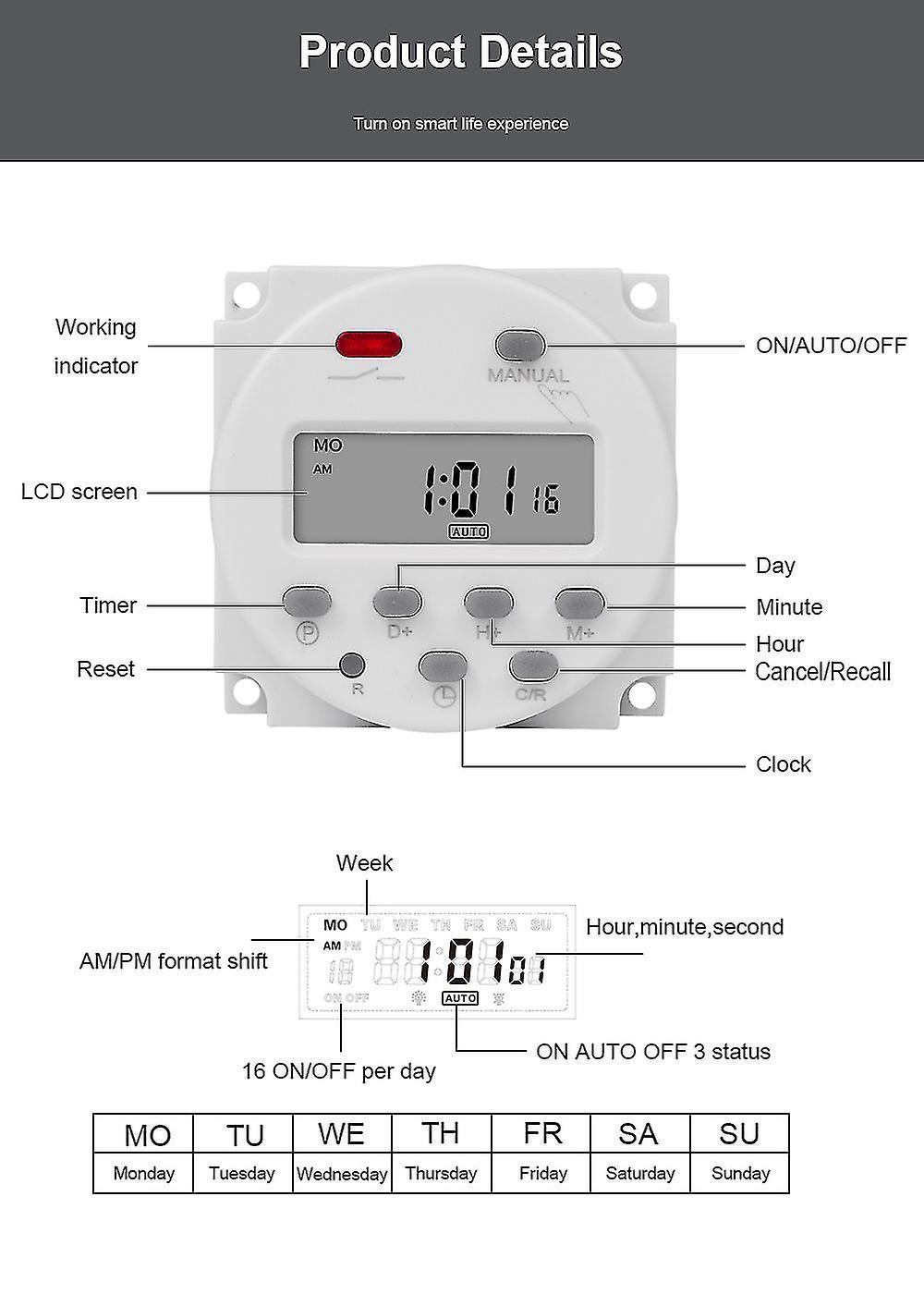 Trumsen Cn101a 12v 24v 110v 220v Digital Timer Switch 7 Days Weekly Programmable Time Relay Programmer Built-in Rechargeable Battery white