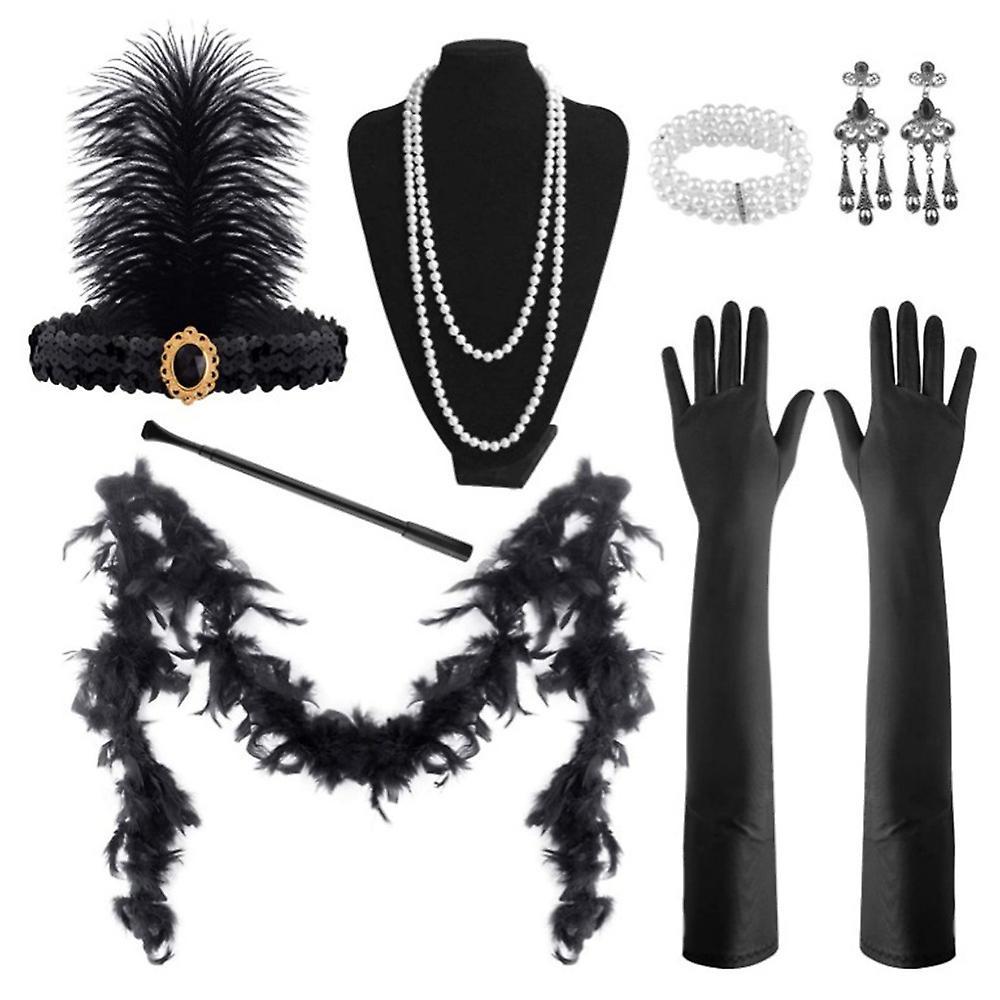 Waytogo 1920s Womens Flapper Gatsby Costume Supplies Kit 20s Flapper Headband Pearl Necklace Gloves Plastic Tobacco Pipe