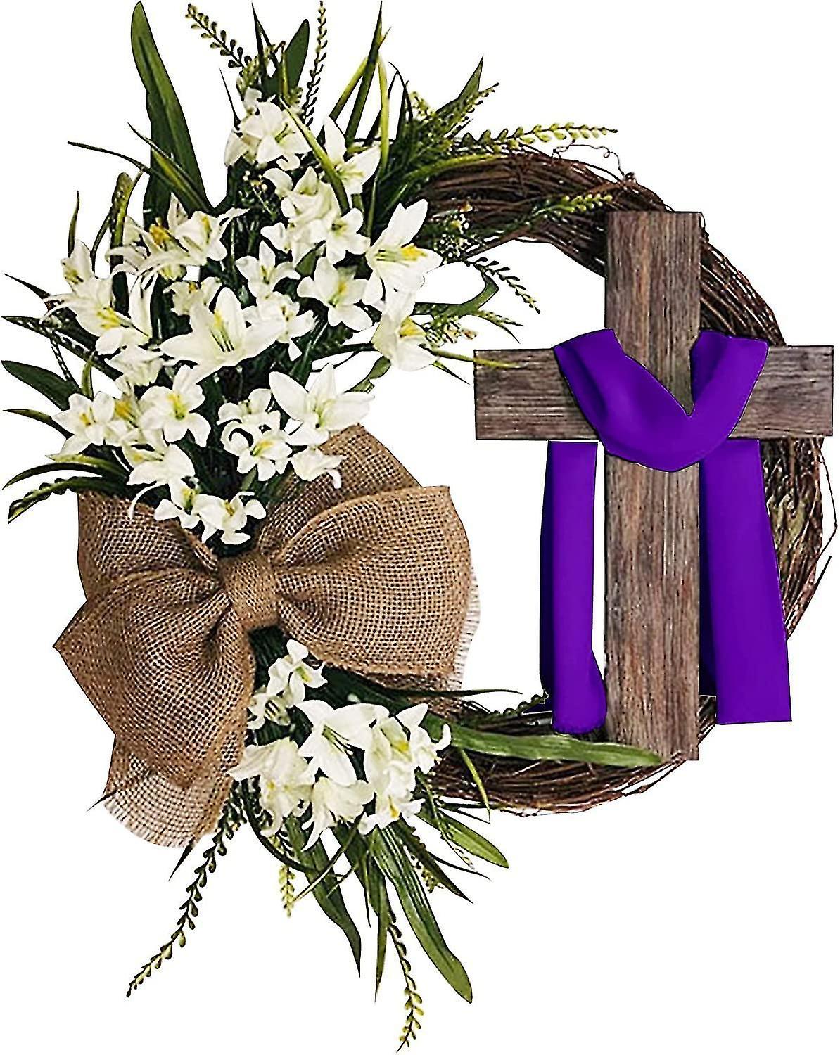 Tianzun Easter Wreath With Cross Garland,easter Wreath Decor For Front Door Hanging Decoration,welcome Sign Easter Wreath Home Decor Purple