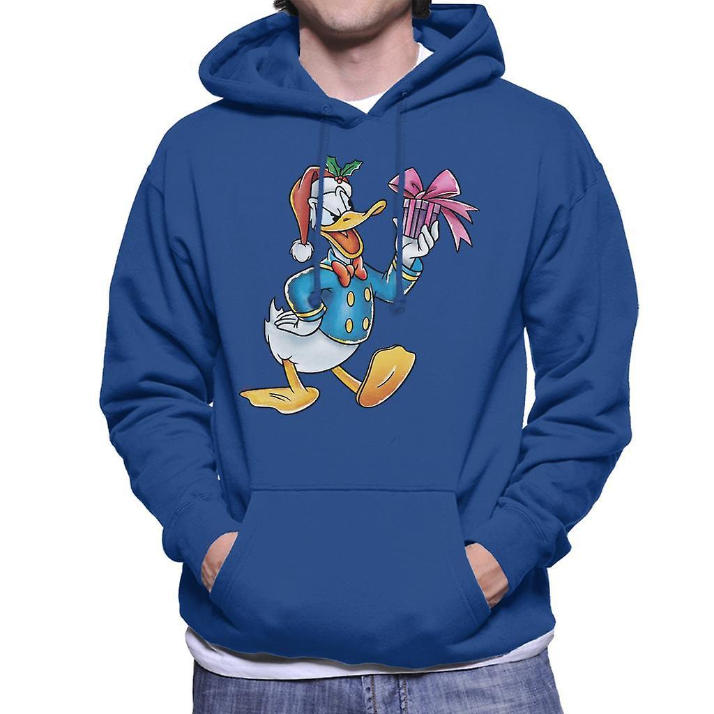 Disney Christmas Donald Duck Holding Present Men's Hooded Sweatshirt Royal Blue Large