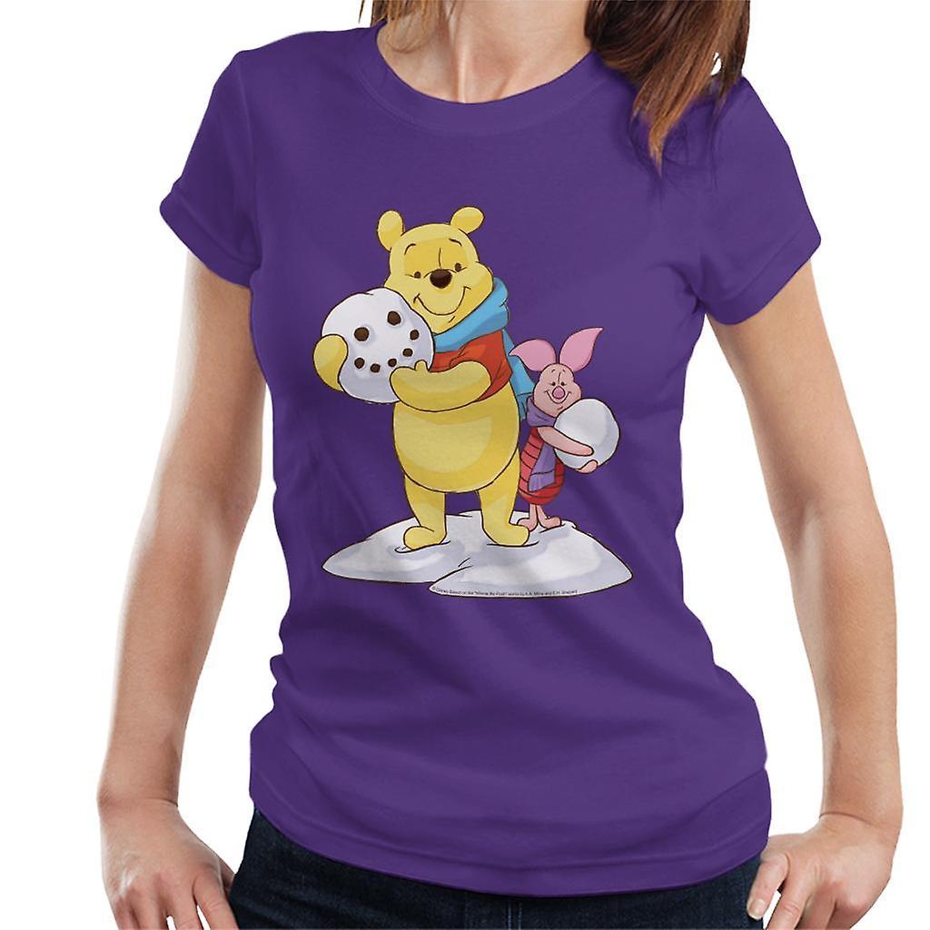 Disney Christmas Winnie The Pooh And Piglet Building Snowman Women's T-Shirt Purple X-Large