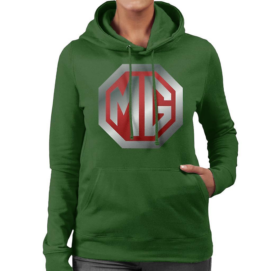 MG Shiny Red And Chrome Logo British Motor Heritage Women's Hooded Sweatshirt Bottle Green Large