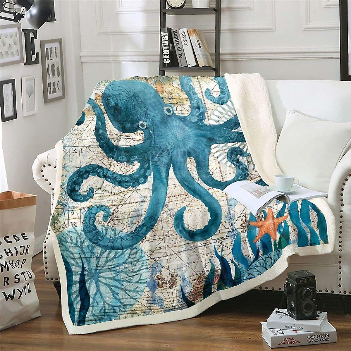 Kerota Octopus Fleece Throw Blanket Teal Octopus Tentacles Plush Blanket Ocean Mystic Kraken Sherpa Blanket Marine Mediterranean Style Fuzzy Blanke...