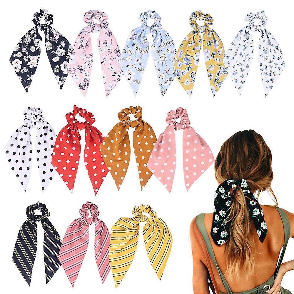 Jasmine 12 Pcs Hair Scarf Hair Scrunchies Chiffon Floral Hair Scarves Ribbon Scrunchie