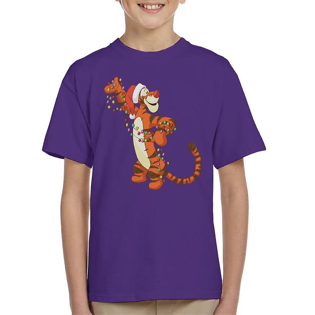 Disney Christmas Tigger Holding Festive Lights Kid's T-Shirt Purple X-Large (12-13 yrs)