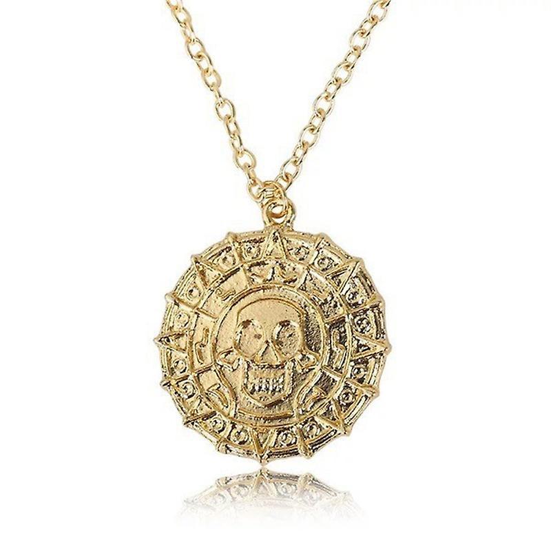 gouhuohuo Movie Pirates Of The Caribbean Necklace Aztec Coin Vintage Gold Plated Captain Jack Sparrow Medallion Skull Pendant Necklaces Gold A