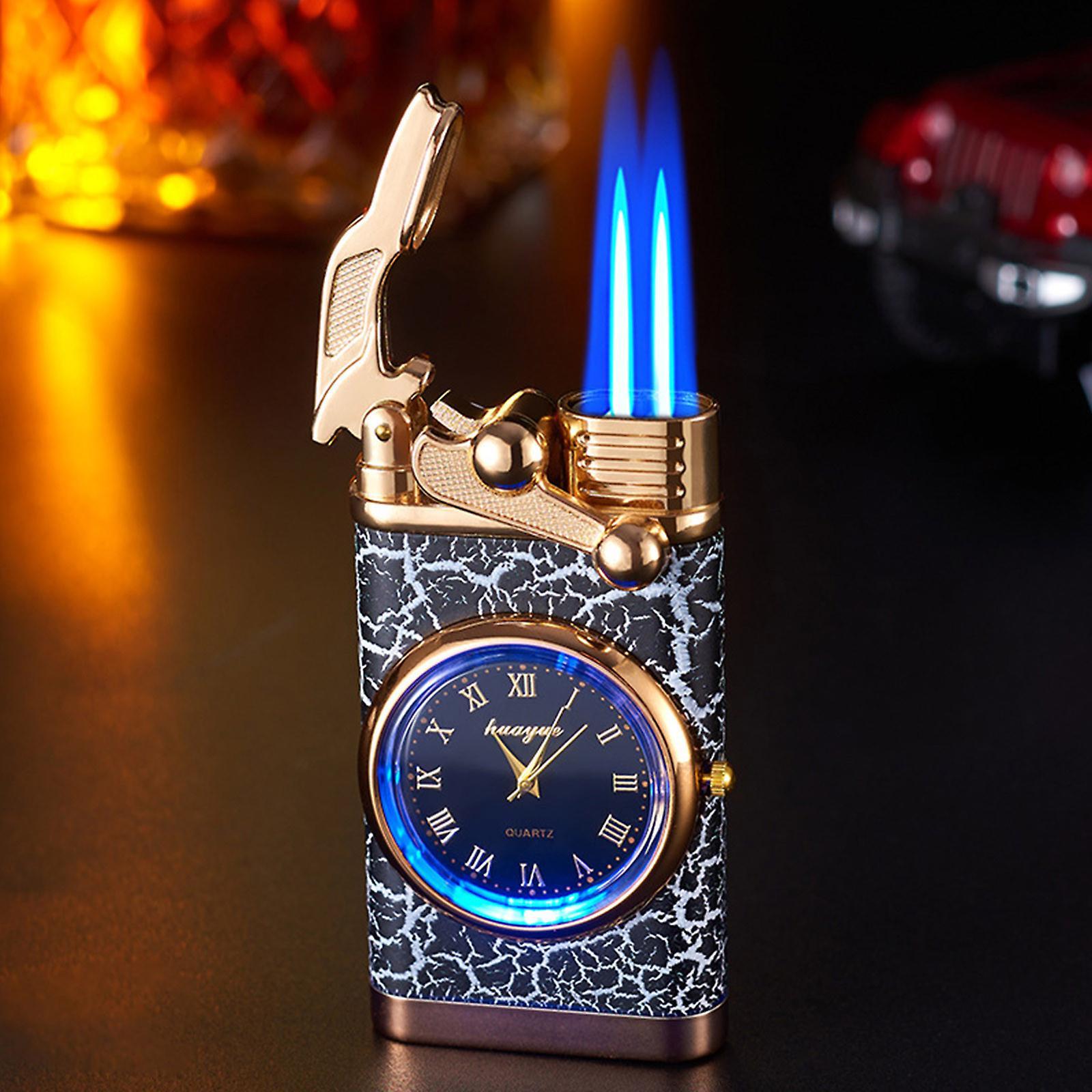 Baodan Double Fire Switching Lighter With Quartz Watch Metal Inflatable Windproof Blue Flame Lighter Fashion Gift A