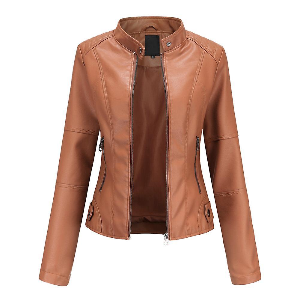 Allthemen Womens Casual Zipper Down Stand Collar Leather Jacket Brown S