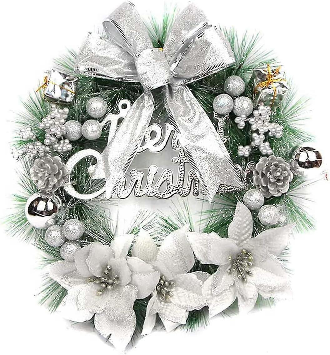 Lertenys Christmas Wreaths for Front Door, 30 cm Christmas Door Wreath Winter Artificial Christmas Garland Decoration with Bow  (Silver)